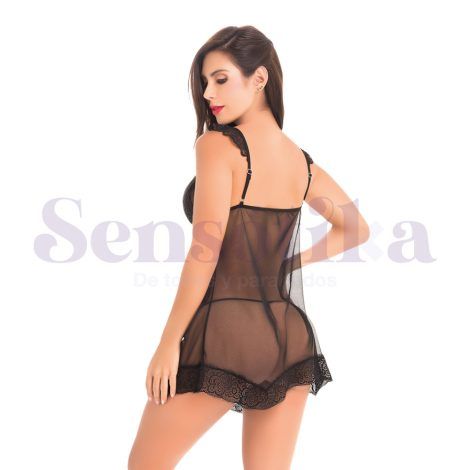 Baby doll negro con malla en transparencia