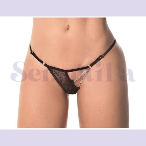 Tanga erotica color negro con detalle de cadenilla en frontal