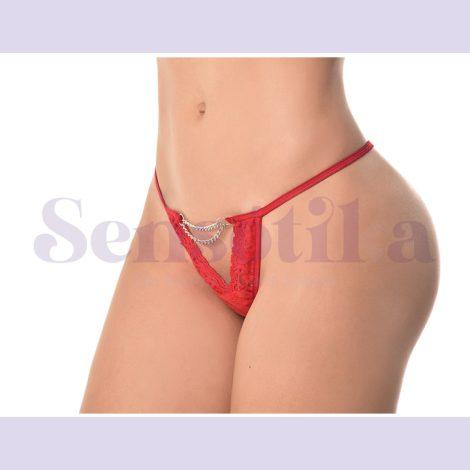 Tanga erotica color rojo en encaje y detalle de cadenilla en frontal2