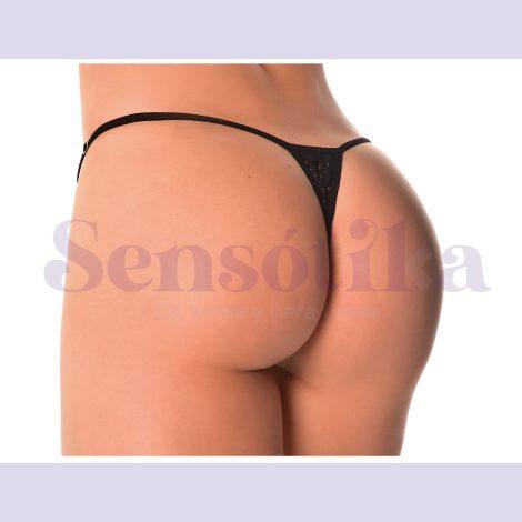 Tanga erotica en malla y detalles de monos en cinta roja