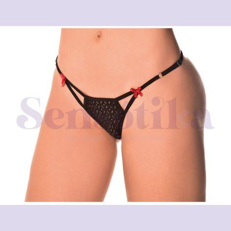 Tanga erotica en malla y detalles de monos en cinta roja2