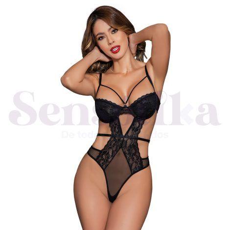 Conjunto lenceria tipo body encaje negro tentacion